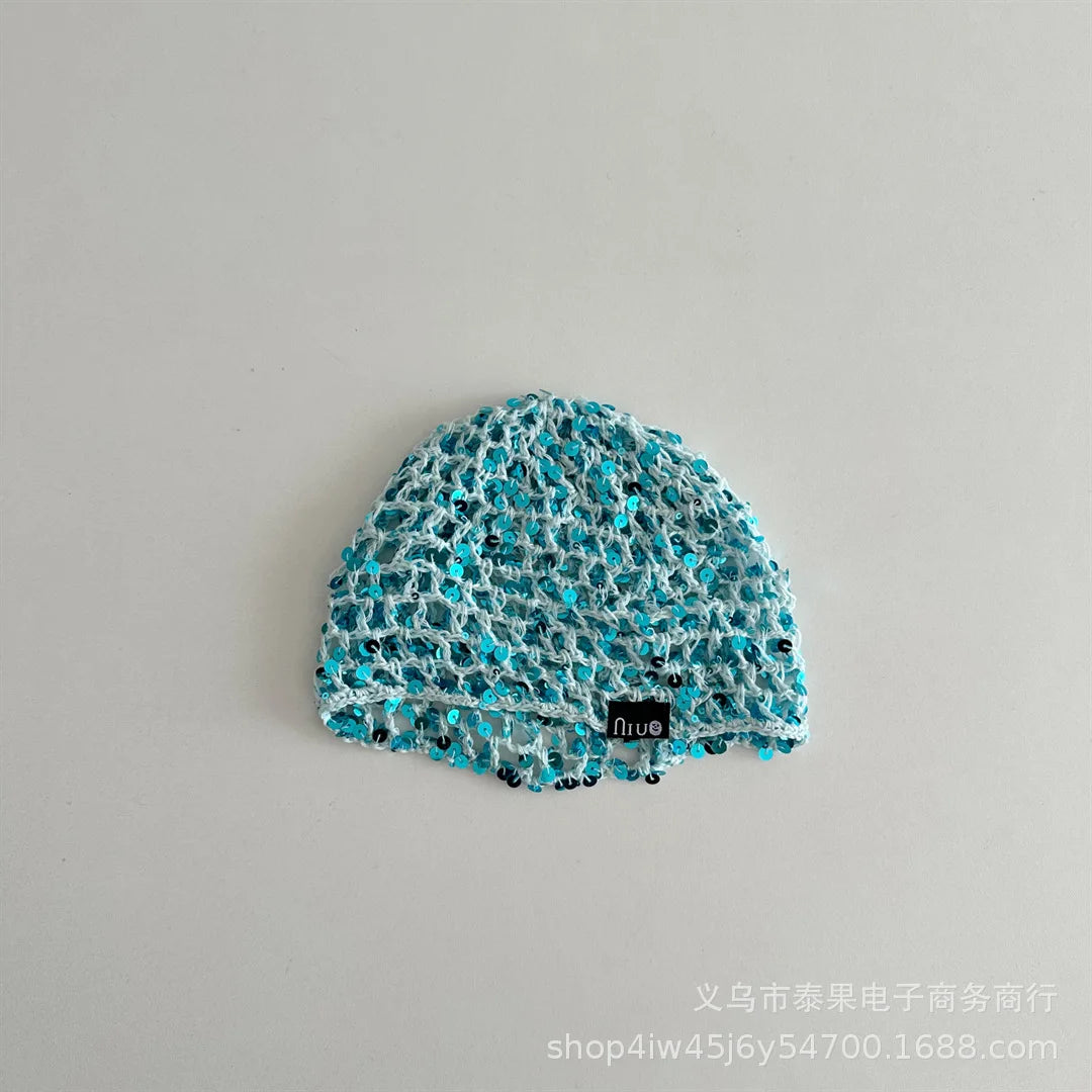 Sequin Hollow Knitted Pullover Hat For Girls Fishnet Headwrap Hwr01 Ethnic Style Cap