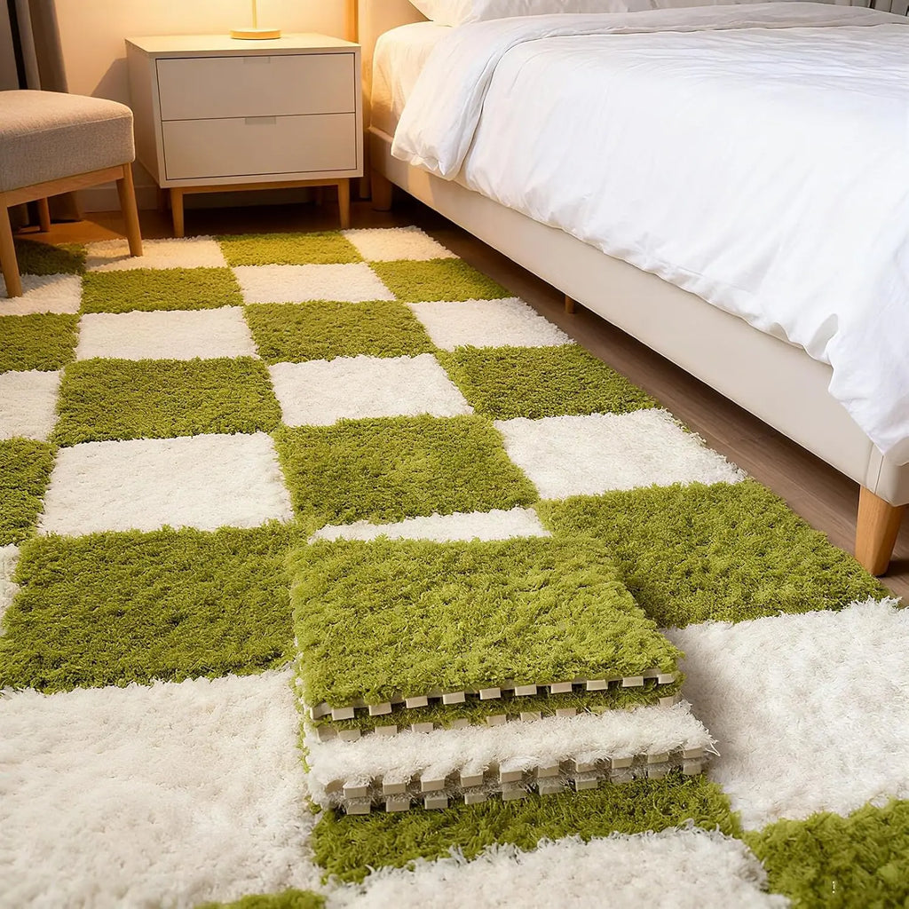 Thick Cake Velvet Plush Puzzle Mats DIY Bedroom Floor Tiles Sound-Absorbing Soft Carpet for Bedside Full Room Coverage