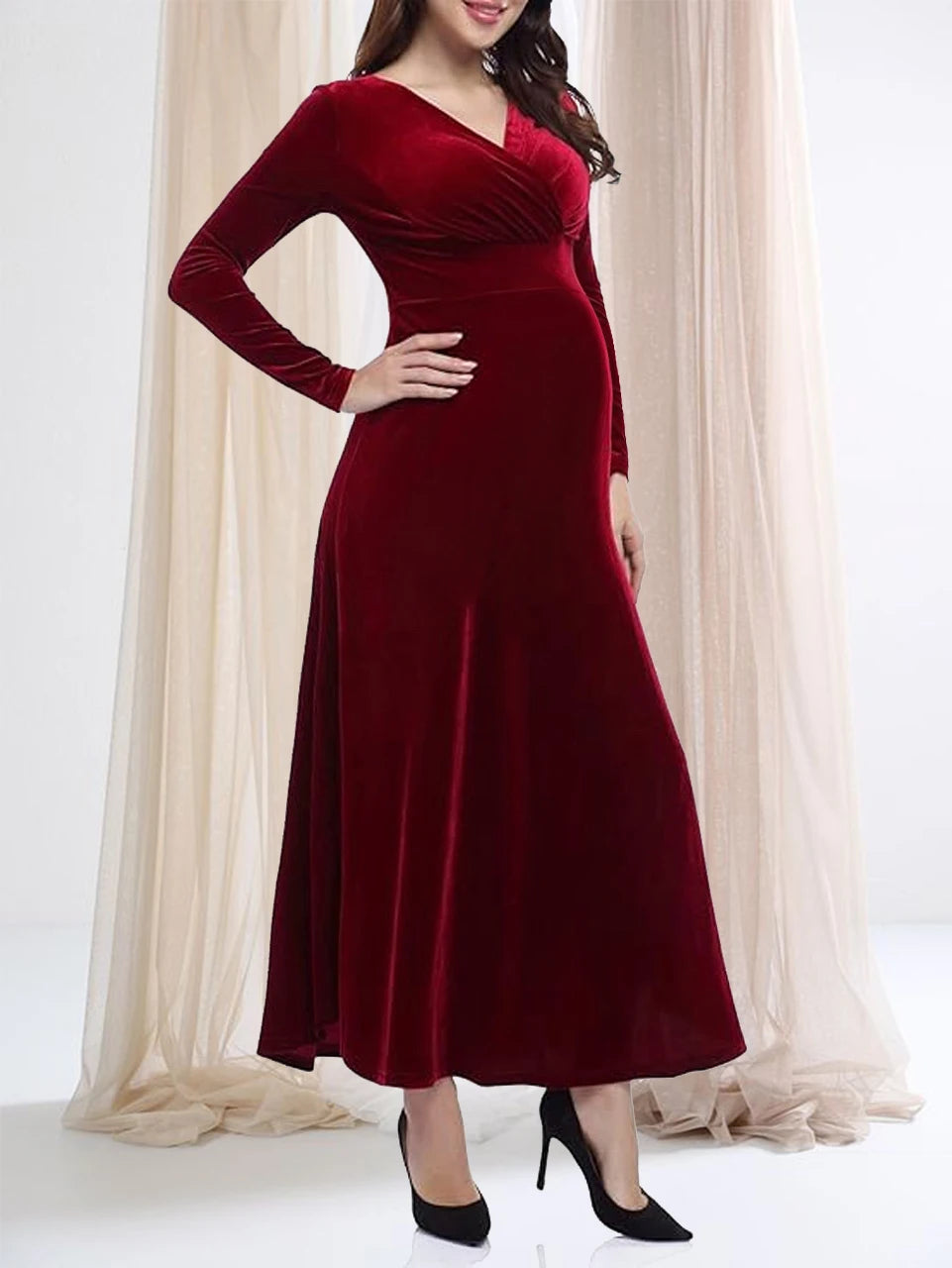 Maternity Photography Dress Velvet Long Sleeves V-Neck High Waist Gown For Wedding  Baby Shower Photo Shoot