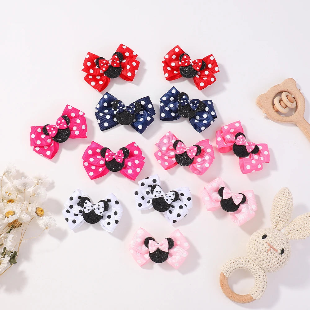 2/4Pcs Cute Bows Hair Clip for Children Boutique Cartoon Headdress Classic Woven Ribbon Polka Dot Pattern Kids Hair Clip