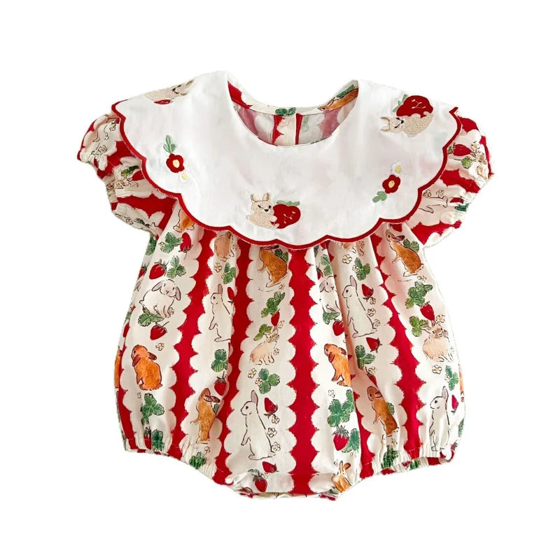 insBaby Girl Rabbit Cartoon Print Embroidered Collar Romper Infant Toddler Sweet Summer Short Sleeve Jumpsuit