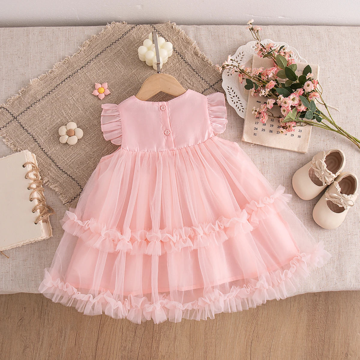 Korean Style Sweet Solid Color Baby Girl Dress Summer Fashion Flower Birthday Party Gift or Wedding Princess Fairy Toddler Dress