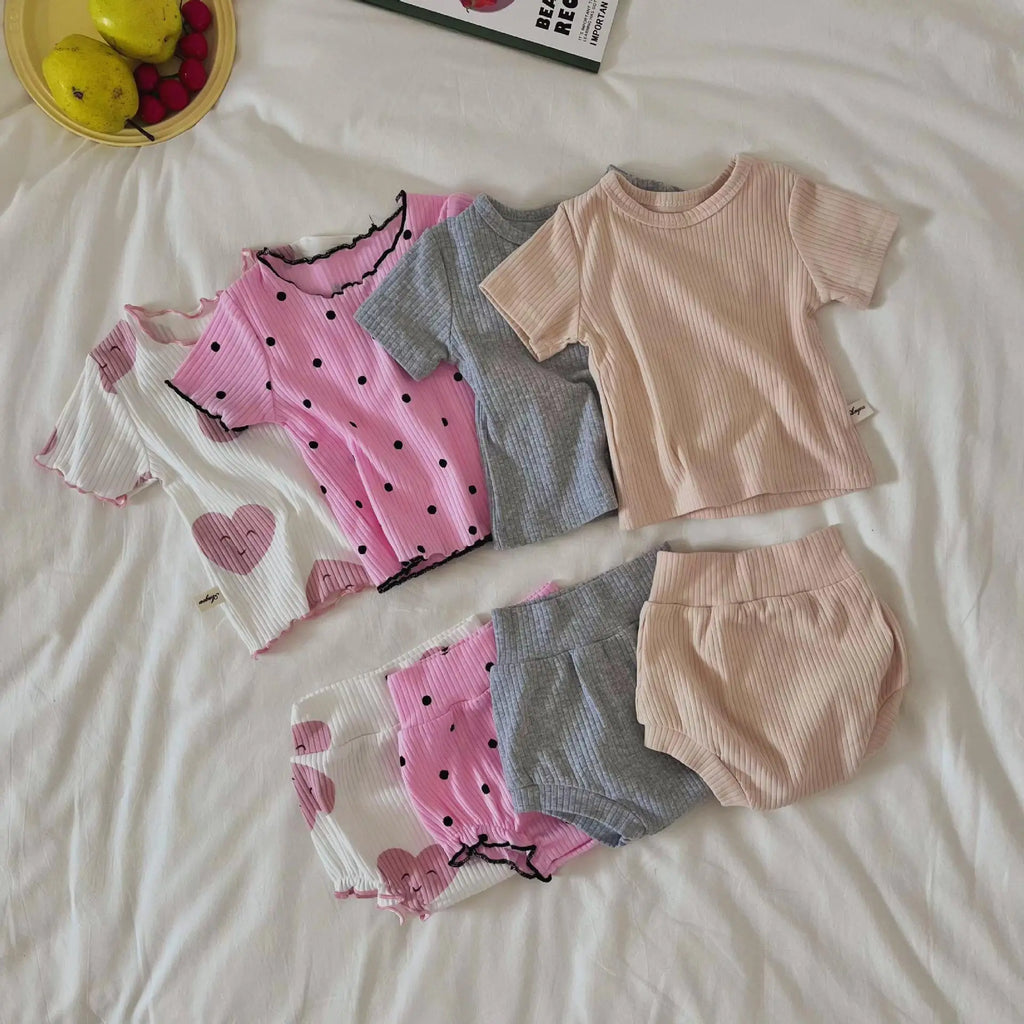 2psc Summer Baby for Boys and Girls Casual Short Elasticity Sleeve Top + Shorts Solid Color Kids One-Piece Fashion Baby Clothing