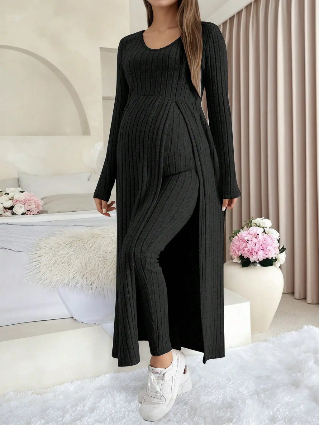 Maternity Women's Two Piece Sets and Outfits Long Sleeve Soft Ribbed Longline Casual Home Lounge Pants Set