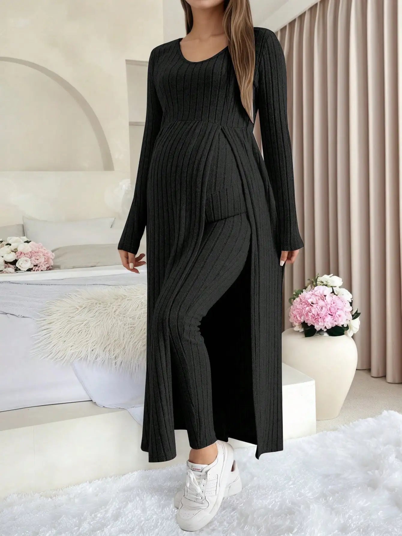 Maternity Women's Two Piece Sets and Outfits Long Sleeve Soft Ribbed Longline Casual Home Lounge Pants Set