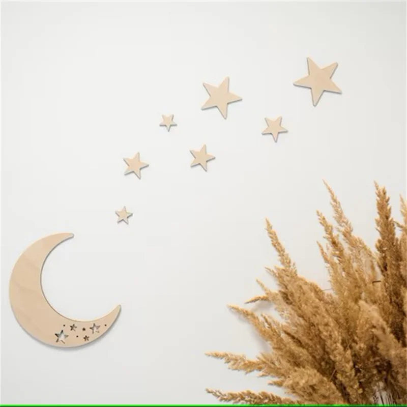 Ins Nordic Style Wooden Self-Adhesive Moon and Star Wall Decoration, Themed Wood Wall Art, Wall Stickers, Wooden Letters, Phrases with Adhesive Dots, Reusable and Easy to Stick, Suitable for Living Room, Bedroom, Playroom Dec