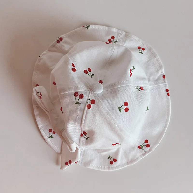 Cute Bowknot Baby Fisherman Hat Cherry Print Infant Bucket Cap 6-36Month Girls Kids Sunshade Visors Outdoor Children Basin Caps