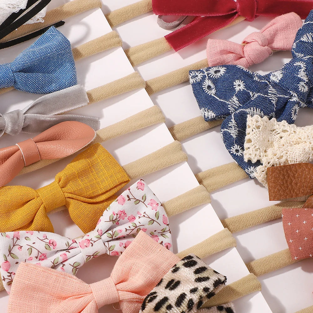 10Pcs Fashion Baby Elastic Hair Band Lovely Colorful PU Cotton Bow Headband Girls Headdress Party Casual Headwear