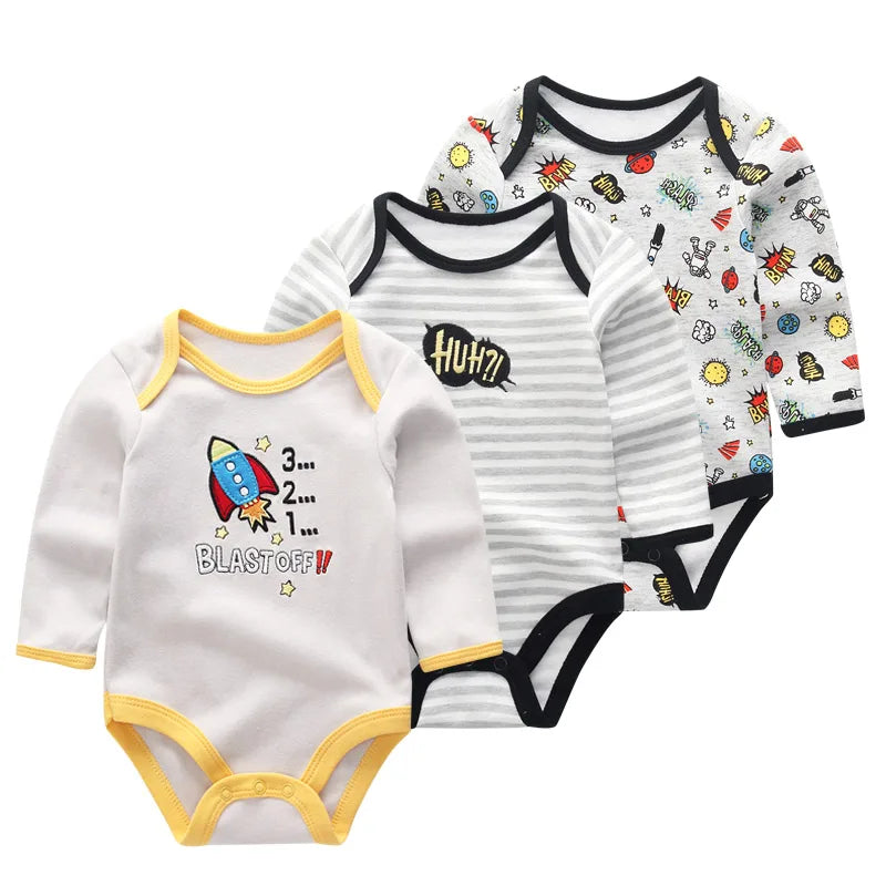 Kiddiezoom 3 Pcs/Lot Spring Autumn Cartoon Long Sleeve Newborn Baby Boy Girl Bodysuits 100%Cotton Soft Infants Clothes