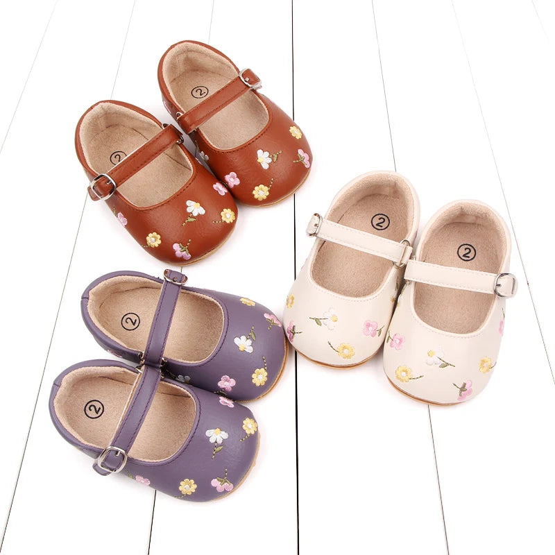 Baby Girl Princess Shoes High Quality Soft PU Embroidery Flower TPR Sole Anti-slip for Toddler Girl 0-18 Months New Fashion