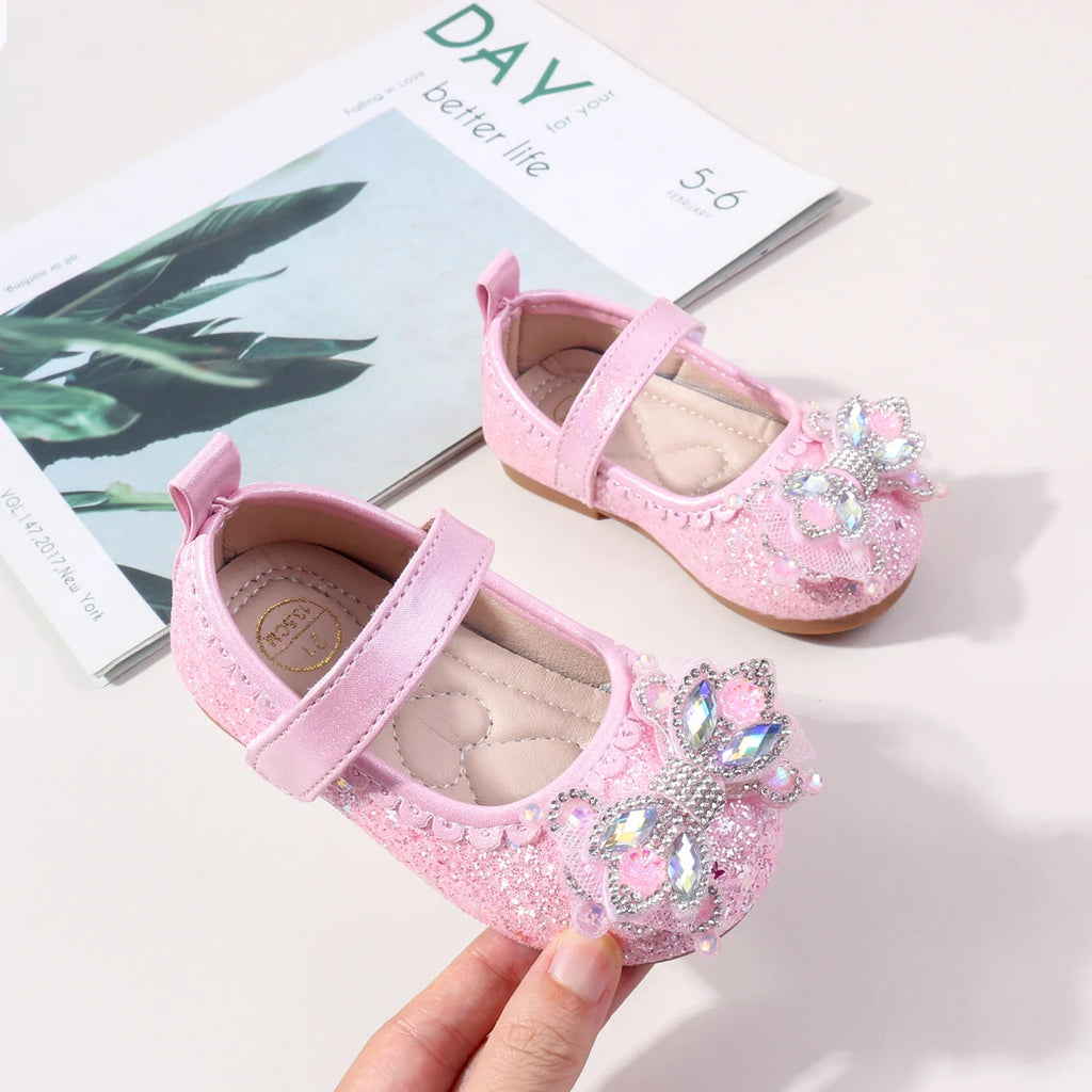 2025 Spring Bling-bling New Baby Girls' Crystal Princess Shoes For 0-3Y High Quality Soft TPR Sole Flat Girl's Leather Shoes