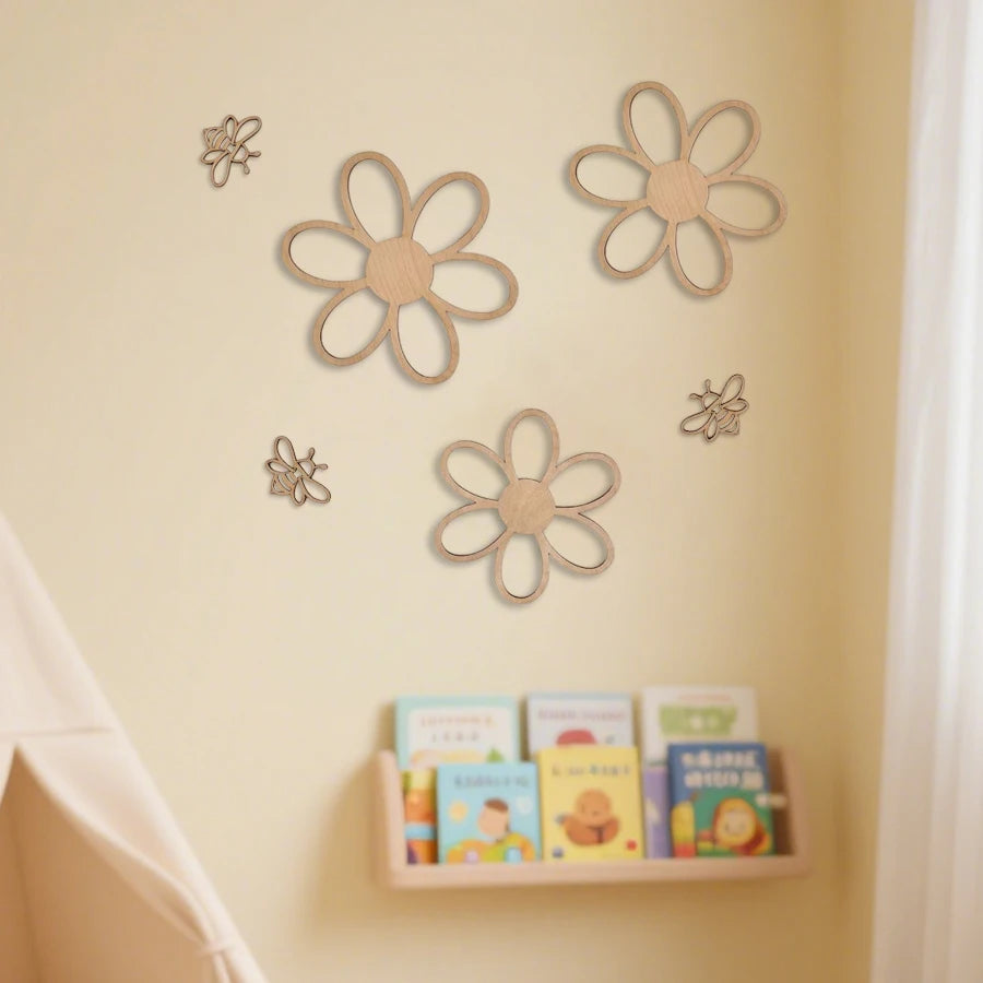 6Pcs/Set Nordic Style Wooden Hollow-Out Daisy Flower and Hollow-Out Bee Wall Decoration Wall Stickers, Natural Wood Style Decoration for Home Living Room, Bedroom, Cafe, Homestay Wall Wooden Wall Stickers Decoration