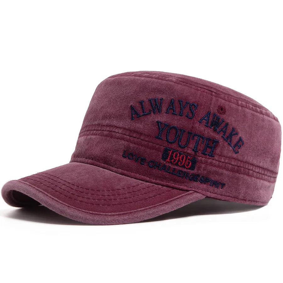 Washed Embroidered Letter Military Cap Flat Top Vintage American Style Sunshade Hat