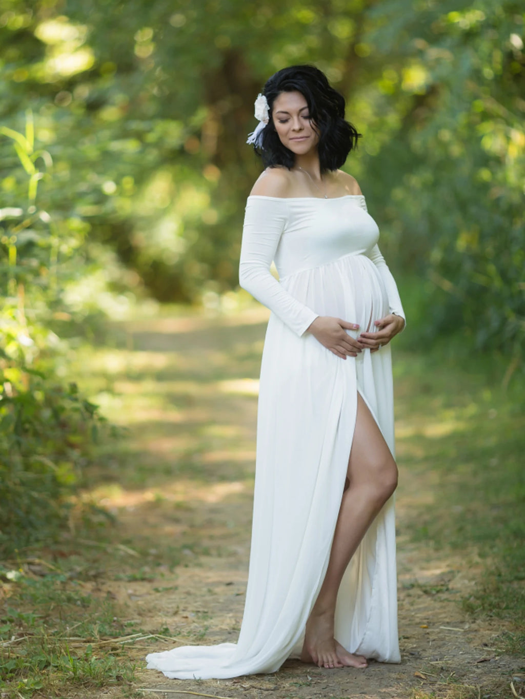 Maternity Sexy One Shoulder Front Slit Long Sleeved Dress for Pregnant Women Photo Photography Dress Ladies Dess Wedding Party