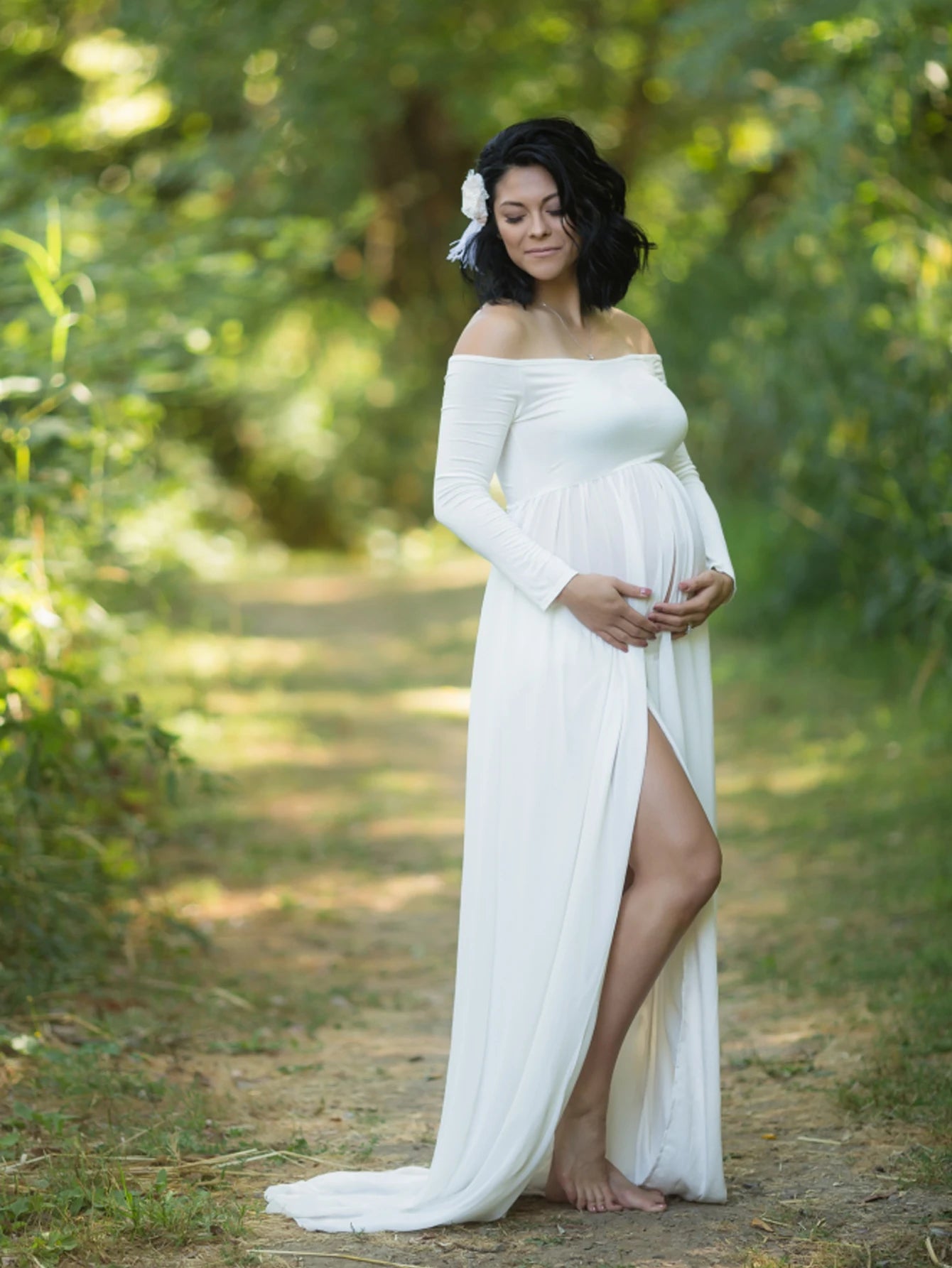 Maternity Sexy One Shoulder Front Slit Long Sleeved Dress for Pregnant Women Photo Photography Dress Ladies Dess Wedding Party
