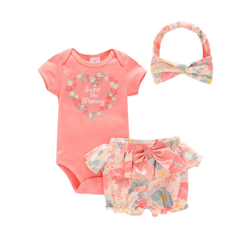 Cute Fashion 3-Piece Baby Girl Clothing Set For Newborn Bodysuits Short Pants Hairband