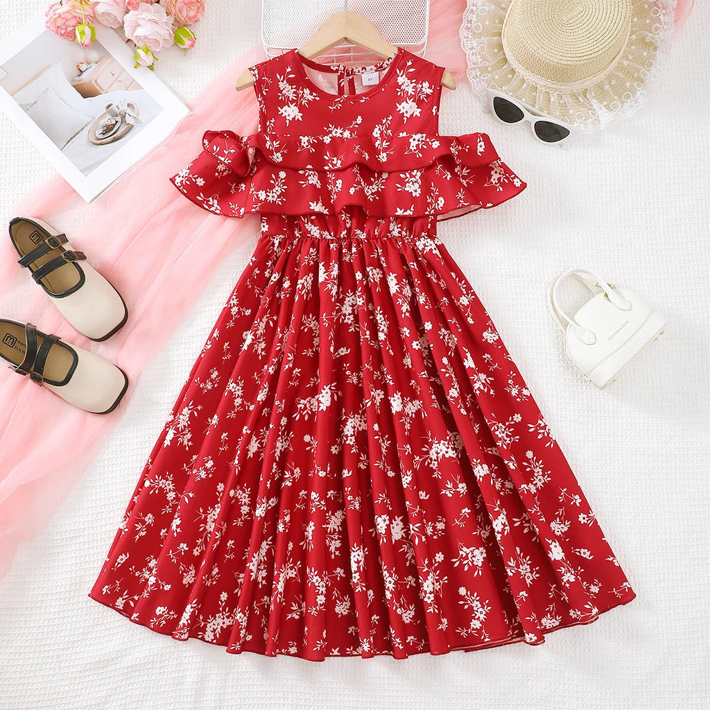 Children Girls elegant Summer Dress off Shoulder Ruffle Edge Small Floral Long Skirt for Girls 8-12 for Gatherings and vacations