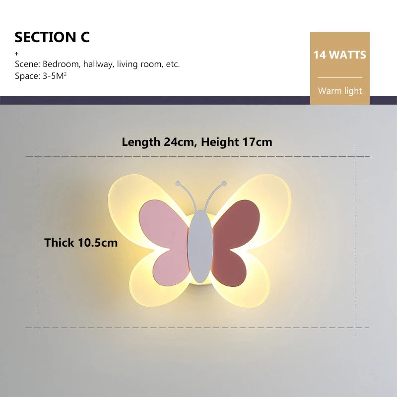 Butterfly LED Wall Light For Children's Bedroom Bedside Lamp Sconce Model BFL001