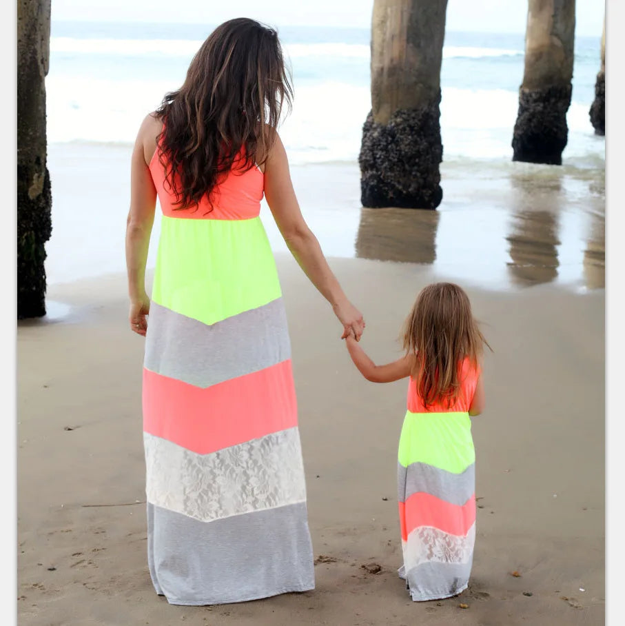 2026 Neon-Coloured Lace Family Matching Mother Daughter Dresses Clothes Striped Mom Dress Kids Child Outfits Mum Sister Baby