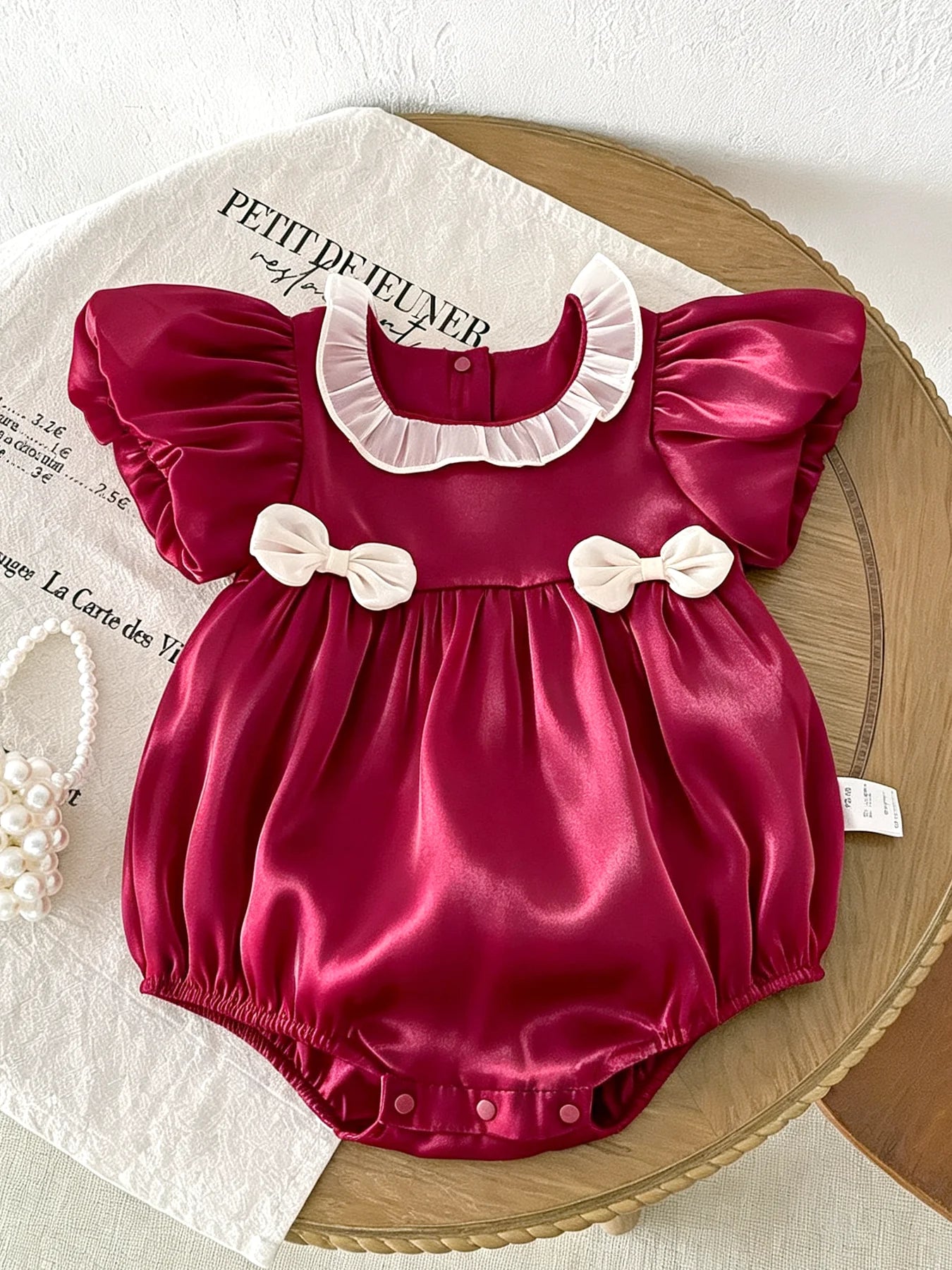 Baby-Fitting Ruffle-Collar, Cap-Sleeve, Bow-Tie Burgundy Baby Girl Onesie—Cute Spring/Summer Outfit for Newborns