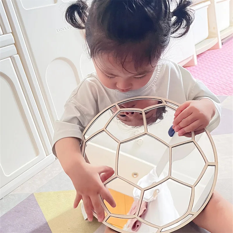 Football-shaped shatterproof acrylic mirror with silver finish and wooden backing for boys room wall decoration