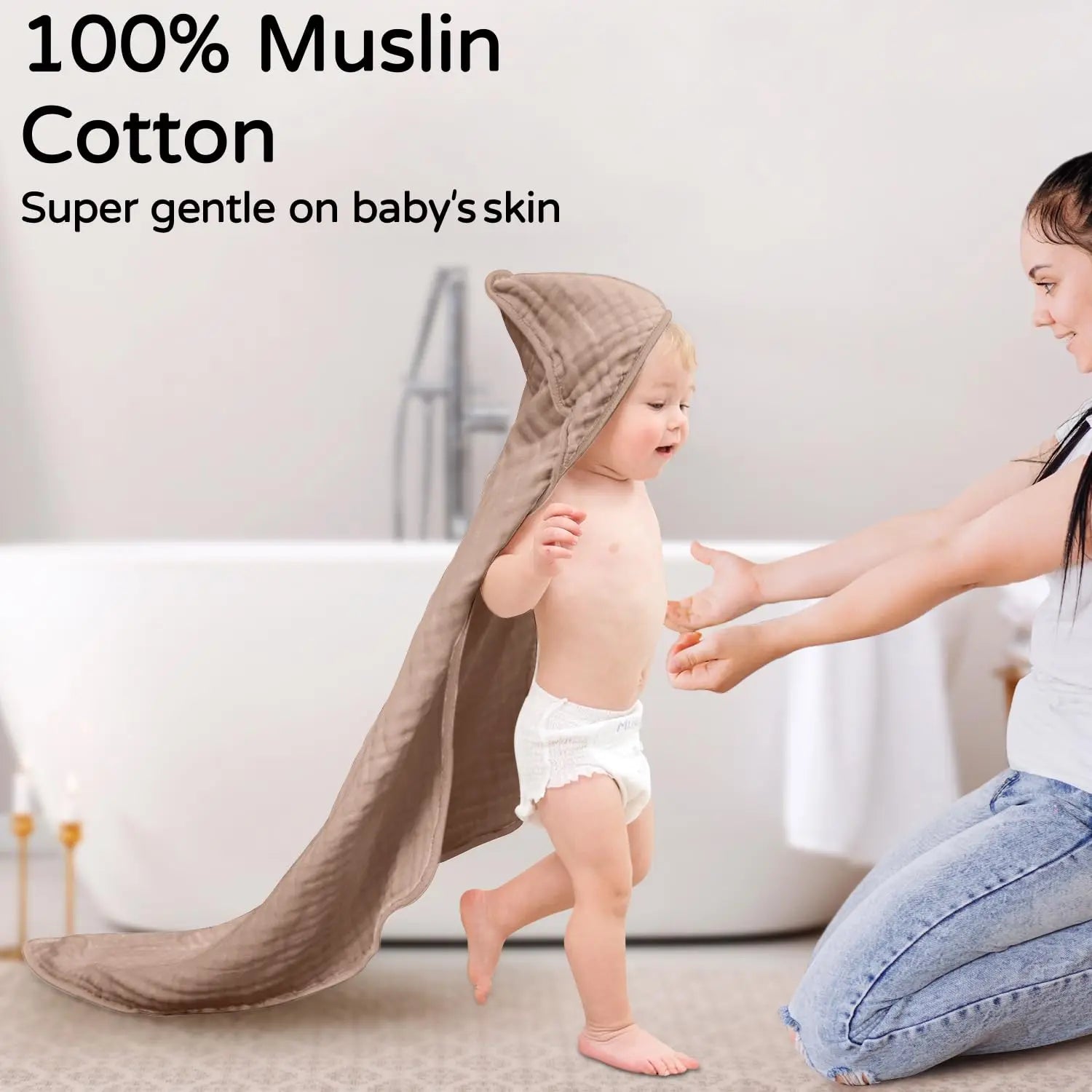 Muslin Hooded Baby Towels, 100% Cotton, Ultra-Soft & Absorbent Baby Bath Towels with Hood for Newborn & Infant