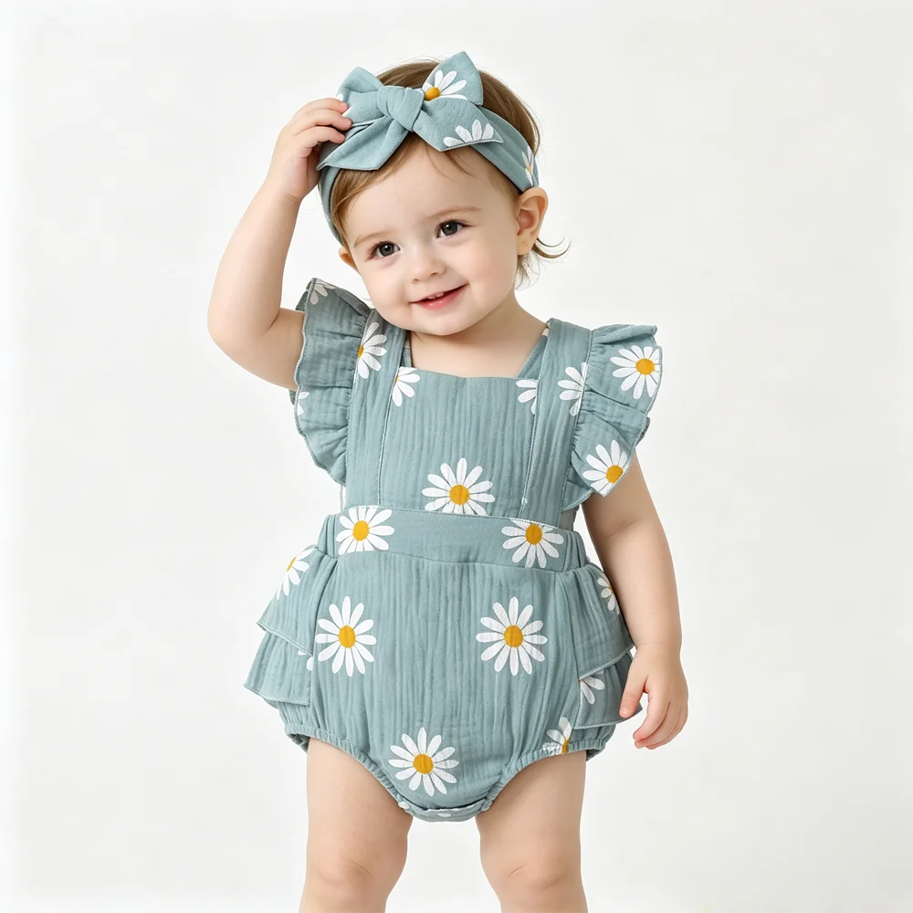 Baby Girl 2Pcs Summer Outfit Daisy Print Ruffle Flutter Sleeve Backless Romper with Headband Cute Infant Set for Daily Wear