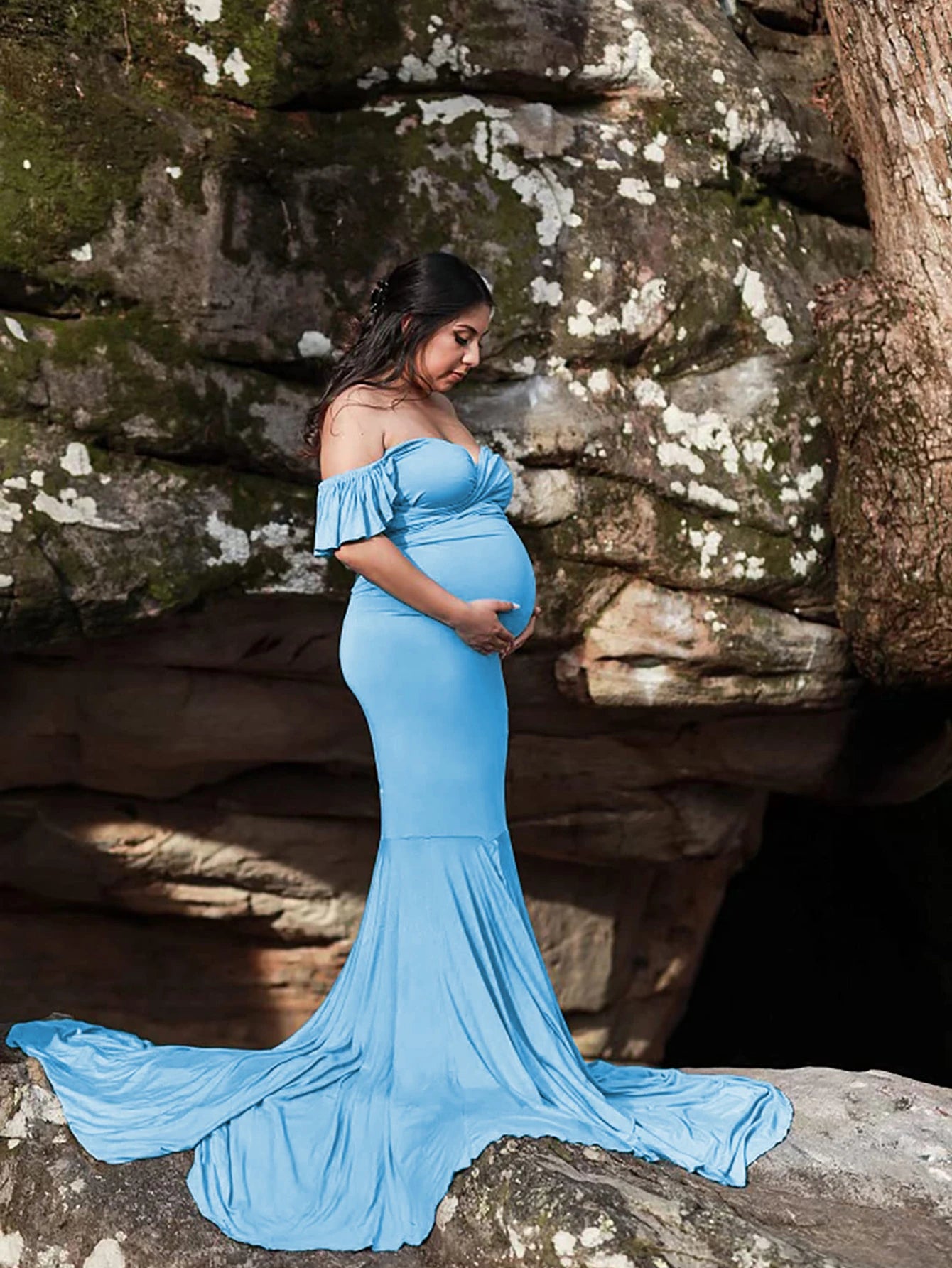 Maternity Summer Ruffle Sleeve V-Neck Mermaid Dress Pregnancy Gown Wedding Bridesmaid Dresses Robe for Photoshoot Baby Shower