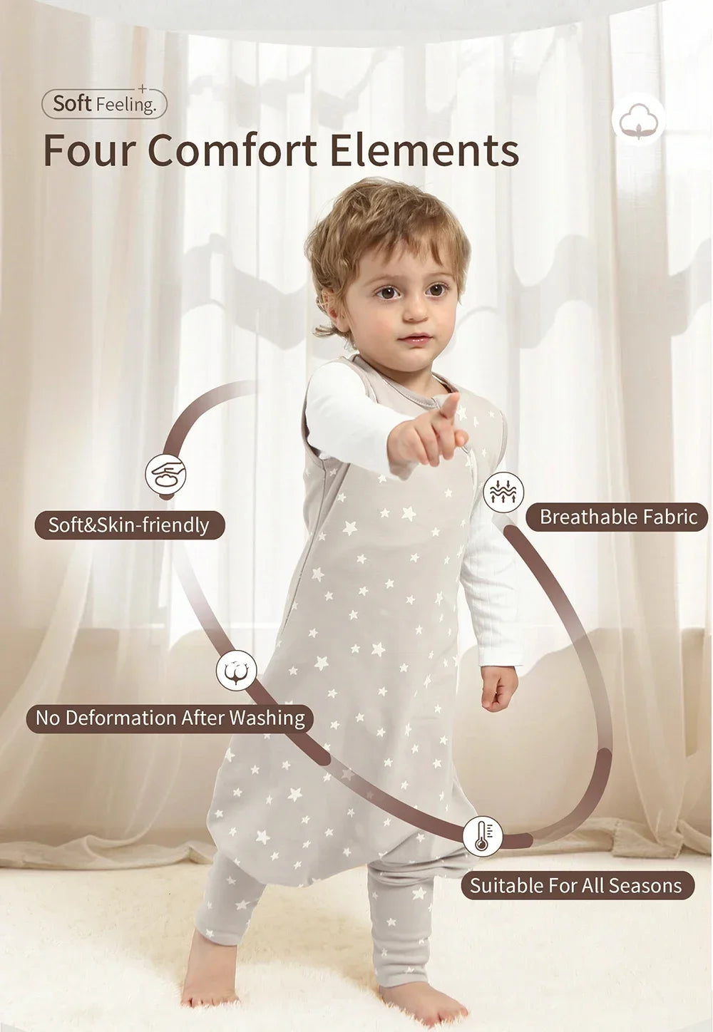 100% Cotton Baby Split Leg Sleep Sack Sleeveless Homewear Four Seasons Wear Two Way Zipper Comfortable Sleeping Bag for Infants