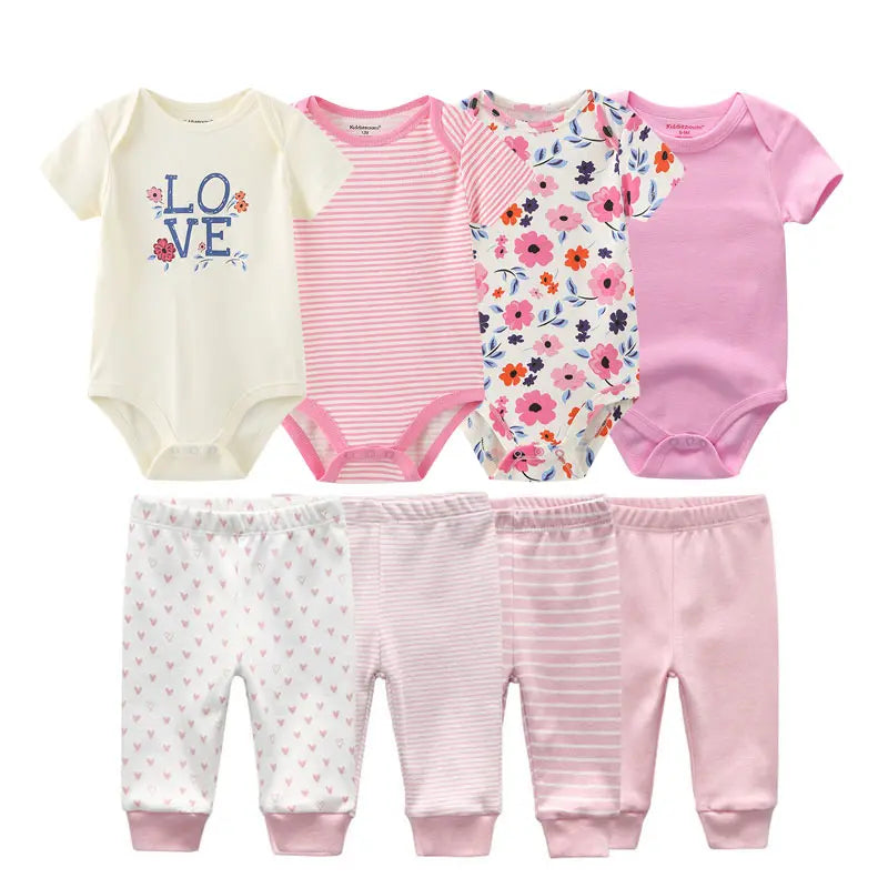 8-Piece Cartoon Baby Bodysuits and Pants Cotton Newborn Unisex Short Sleeve Onesies Trousers 0-12 Months