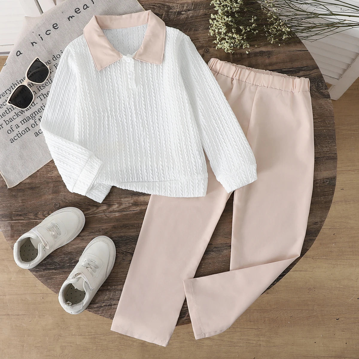 4-7 Year Boys' Set Solid Color Twisted Strip Long Sleeve+Long Pants 2Pcs/Set Suitable for Boys' Spring Autumn Casual Clothing