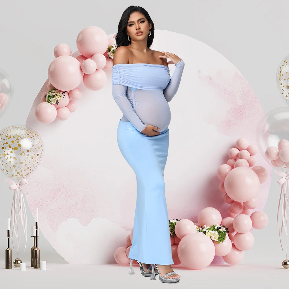 Maternity Long Sleeves off Shoulder Photoshoot Dress Mesh Exposed Belly Women Pregnancy Photography Gown for Baby Shower