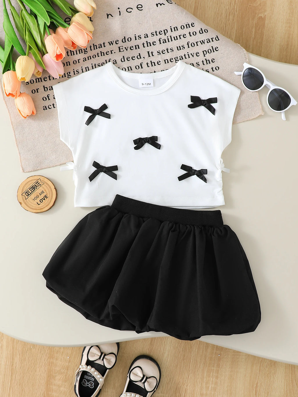 Summer Baby Girl Set Round Neck Small Bow Sleeveless+Black bud skirt Half Skirt 2Pcs/Set 0-3 Year Old Baby Girl Fashion Set