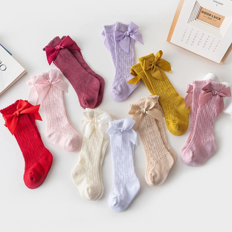 Baby Girls Knee High Socks Breathable Cutout Mesh Cute Bows Dress Socks Newborn Stockings for Clothing Accessories