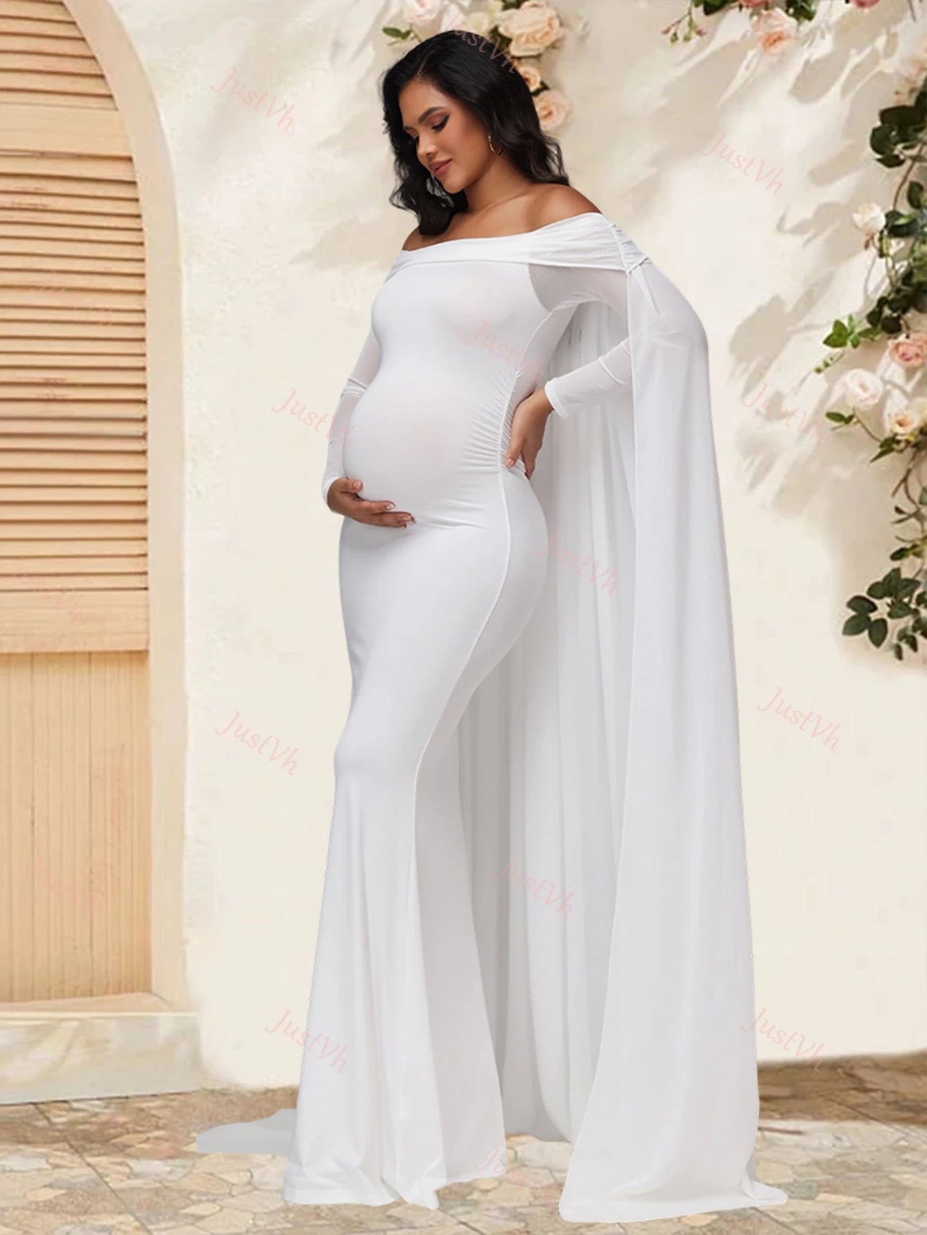 Maternity Mesh Long Sleeve Off Shoulder Chiffion Shawl Long Dress Photography Bodycon Mermaid Gown for Photoshoot Baby Shower