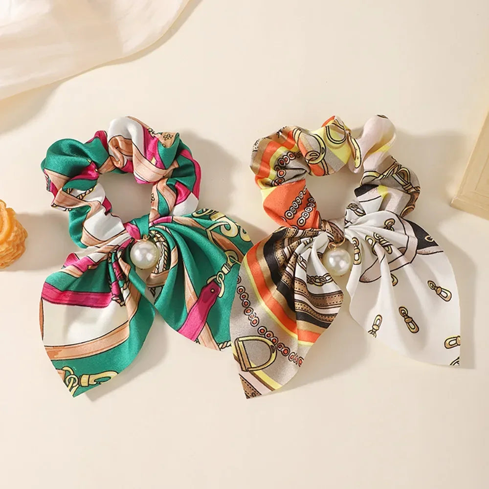 4Pcs/set Chiffon Printed Bowknot Elastic Hair Bands for Women Girls Pearl Scrunchies Headband Hair Ties Ponytail Holder