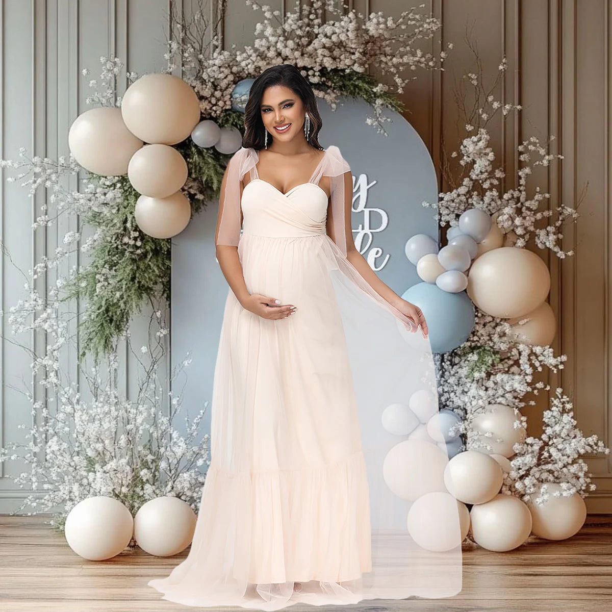 Maternity Summer Photography Dress Sleeveless Off Shoulder Soft Tulle Women Pregnancy Gown for Baby Shower Photoshoot