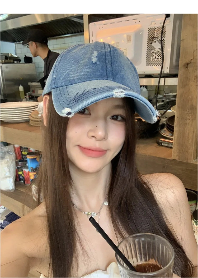 Cross-border Washed Distressed Embroidered Denim Baseball Cap Solid Color Outdoor Travel Sun Protection Visor Cap
