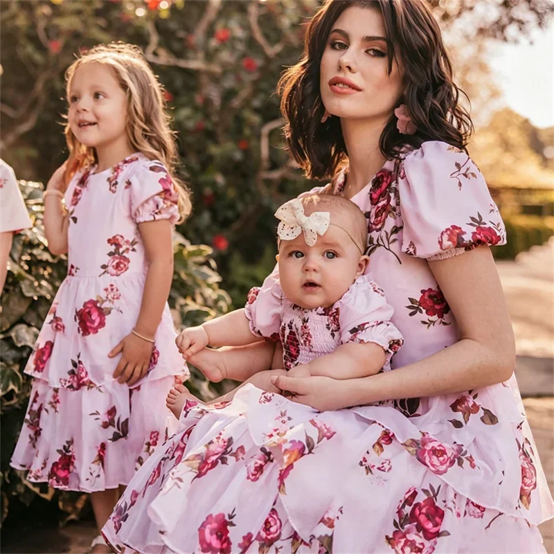 Vintage Mother Daughter Dress Vestidos Family Matching Outfits Children Dress Beach Casual Women Dresses Summer Girls Clothing