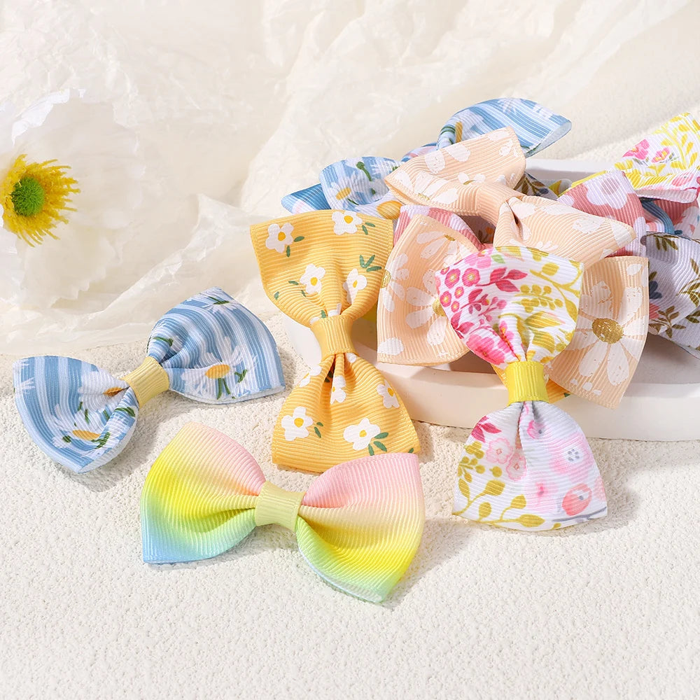50PCS Random Colorful Lovely Hair Bows Hairgripes Sweet Daisy Printing Hair Clips Kids Boutique Barrette