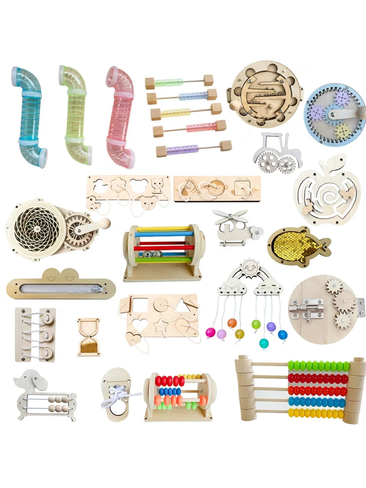 New Kindergarten Montessori Busy Board Hourglass Puzzles Accessories Bell Roller Counting bead Wall Toy Educational Toy For Gift