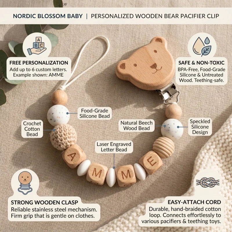 Personalized Baby Pacifier Clip with Name – Silicone & Wooden Bead Teether Soother Holder