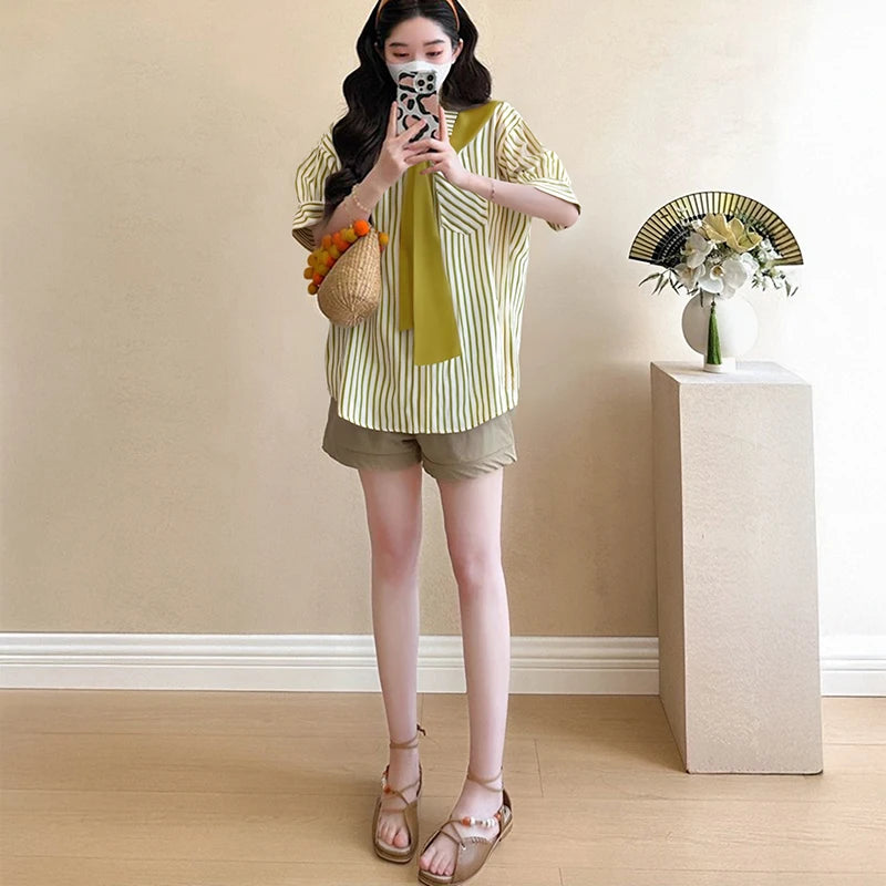 2025 Summer Maternity Pink Shirts Puff Sleeve O-neck Bowknot Hollow Out Backside Pregnant Woman Blouses Sweet Pregnancy Top Tees