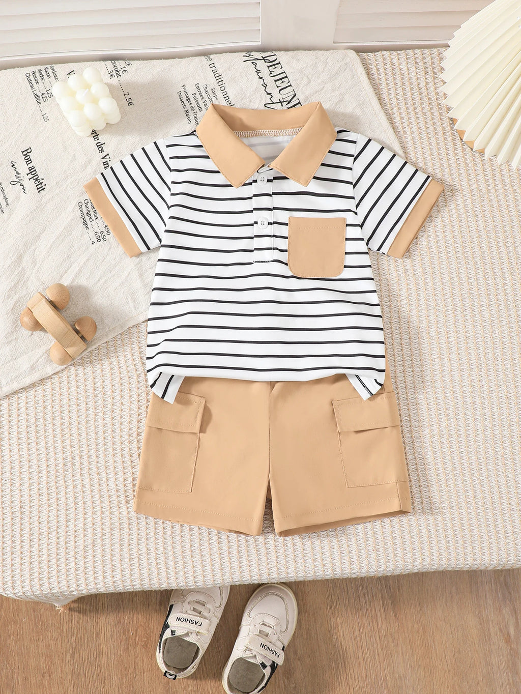 2025 Baby Boys Summer Set with Collar Striped Short Sleeves and Shorts Two Piece Set Suitable for 0-3 Year Toddlers Baby Boys