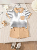 2025 Baby Boys Summer Set with Collar Striped Short Sleeves and Shorts Two Piece Set Suitable for 0-3 Year Toddlers Baby Boys