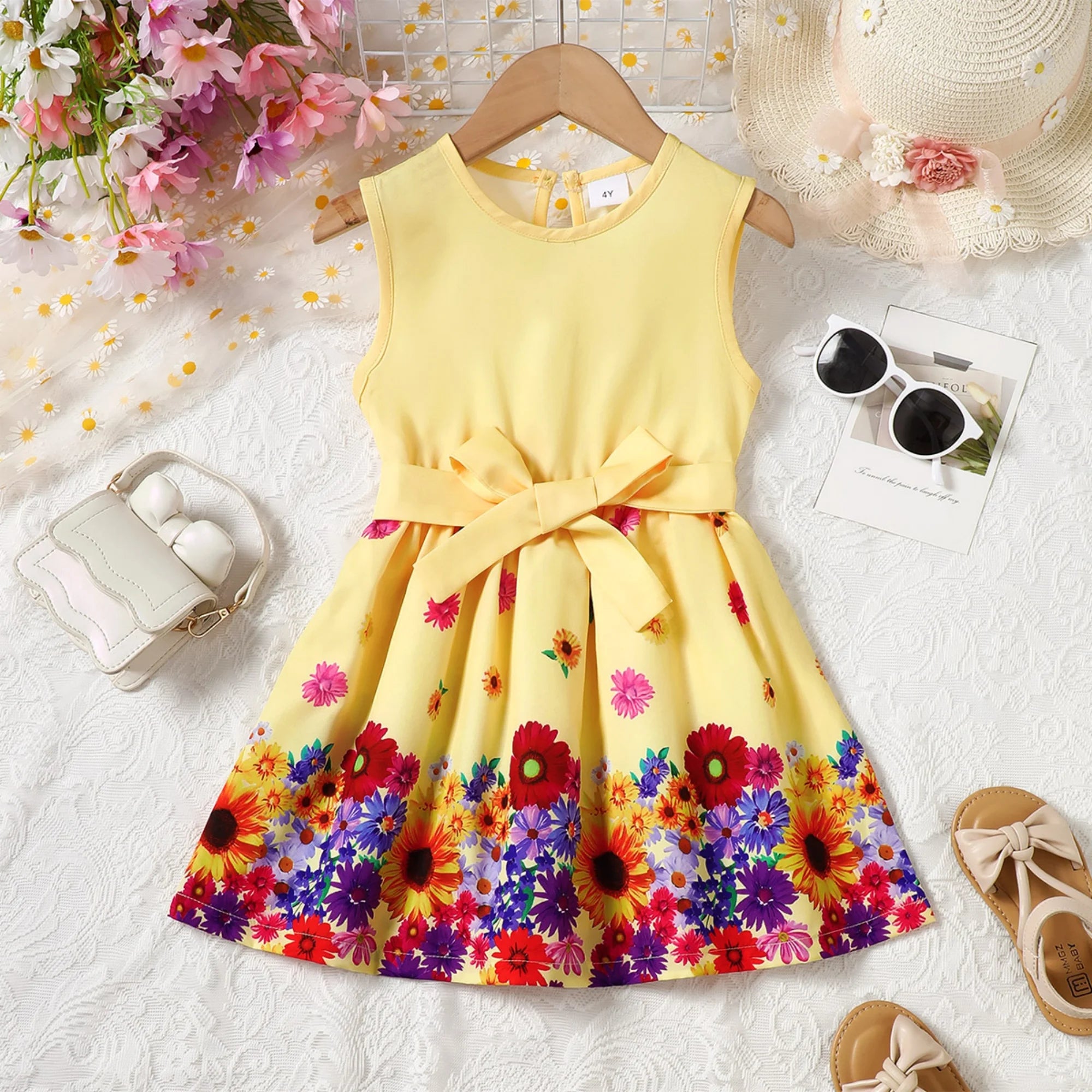 Kid Girls' Summer Dress Round Neck Beautiful Flower Printed Sleeveless Dress+Belt Set 4-7 Year Old Girls' Casual Dress