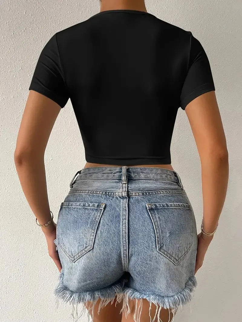 Short V-Neck Sexy Short Sleeve Fashion Belly Button Exposure Summer Top Women's Trendy Crop T-Shirt