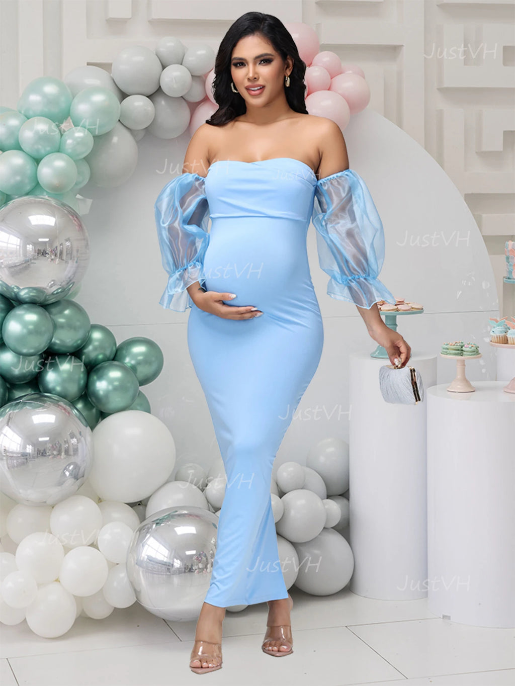 Maternity Summer Lantern Sleeves Photography Dress Off Shoulder Slim Fit Elegant Gown for Baby Shower Photoshoot