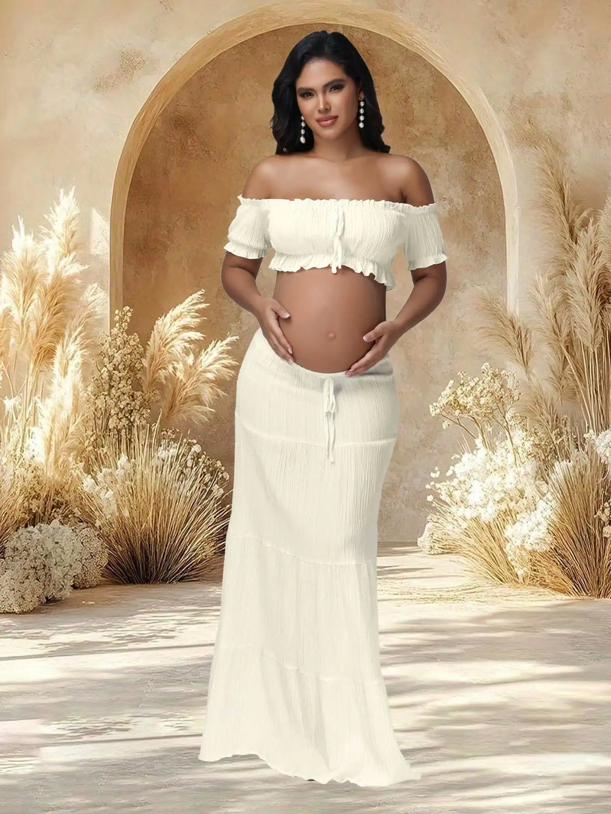 2Piece Maternity Dress Set Ruffle Tube Top and Maxi Skirt for Photoshoot Baby Shower Model MTR2PCRA