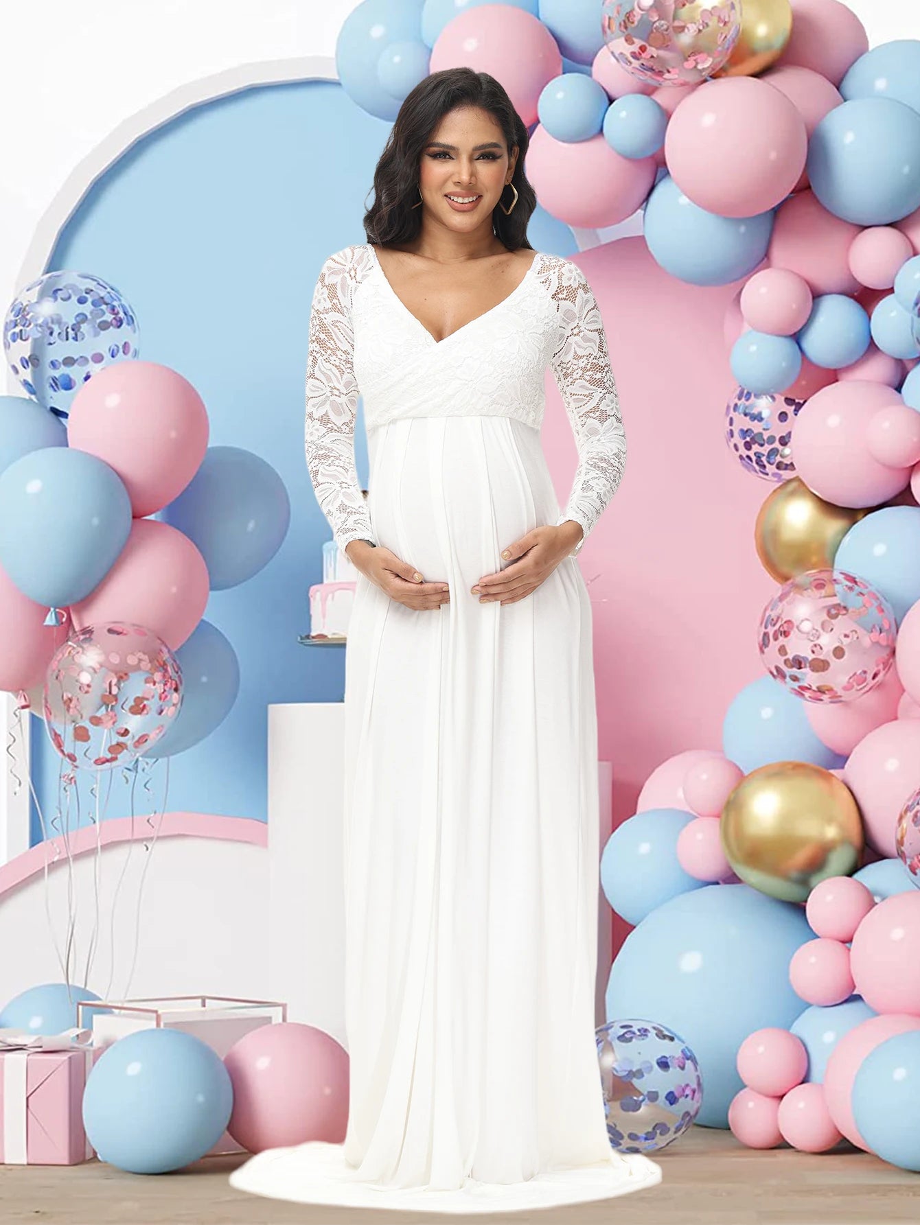 Maternity Lace Photography Gown V Neck Long Sleeve Maxi Elegant Pregnancy Dress For Baby Shower Photography